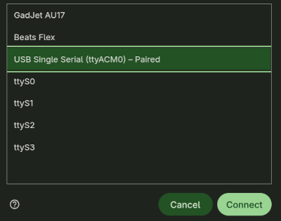Chrome serial-port picker with the ESP32 USB serial device selected